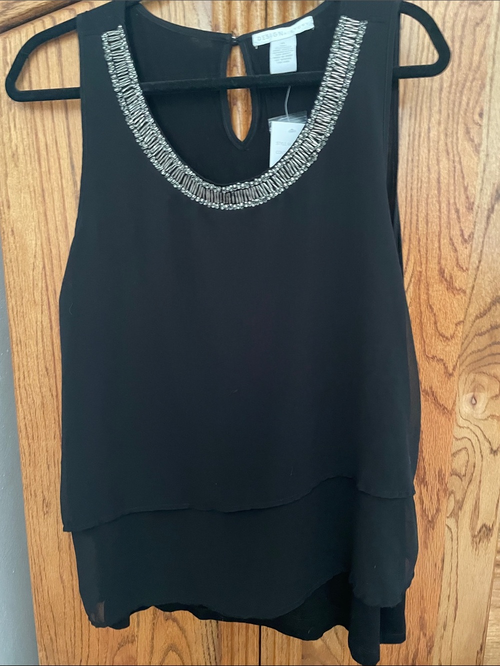Design History Black Sleeveless Beaded Scoop Neck Tiered blouse